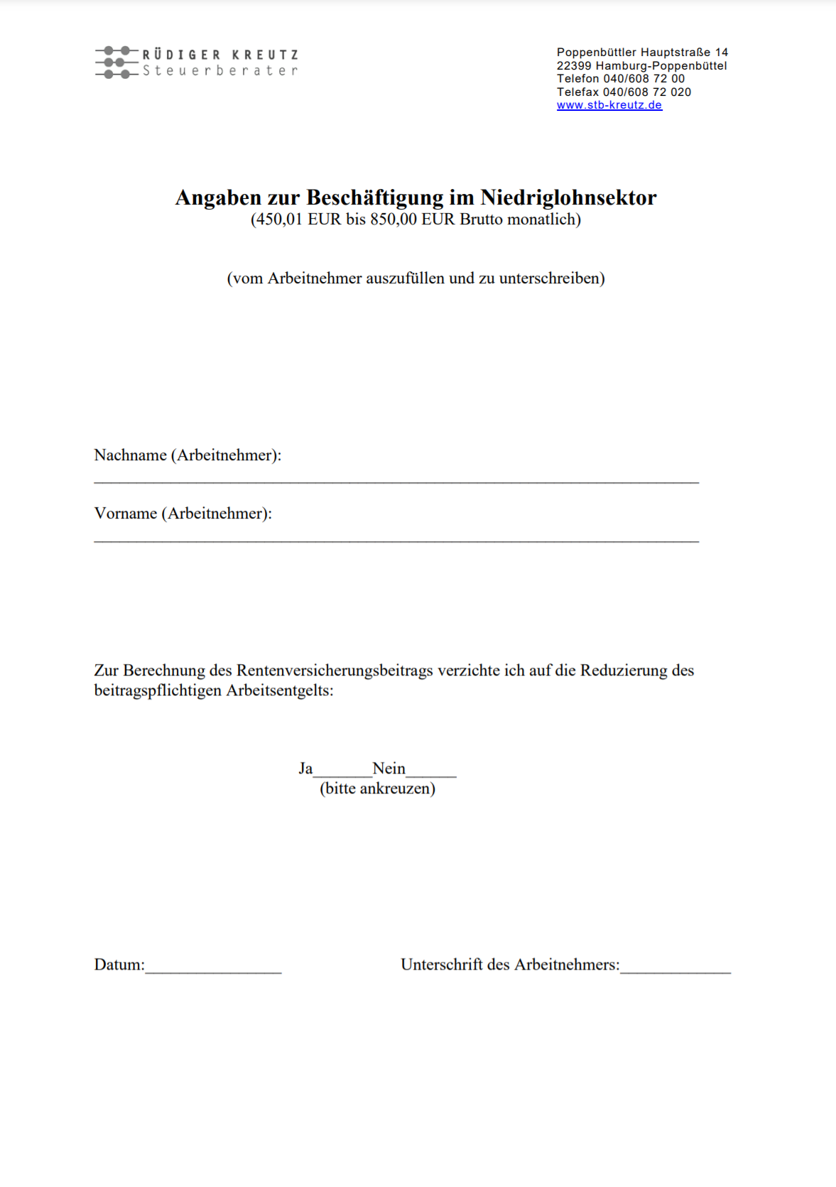 Angaben zur Beschäftigung im Niedriglohnsektor - Rüdiger Kreutz Steuerberater seit 2009 in Hamburg